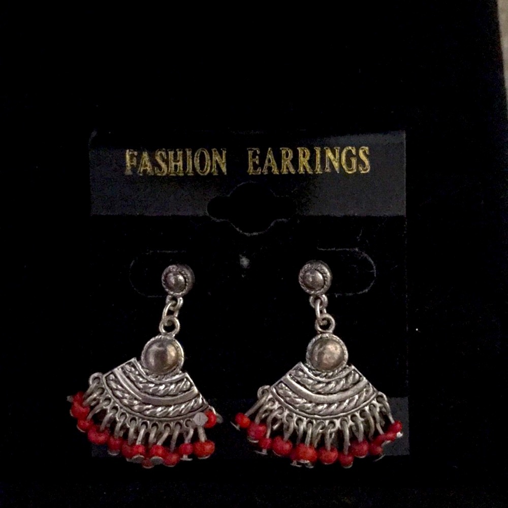 Silver-tone Dangle Earrings with Orange Beads